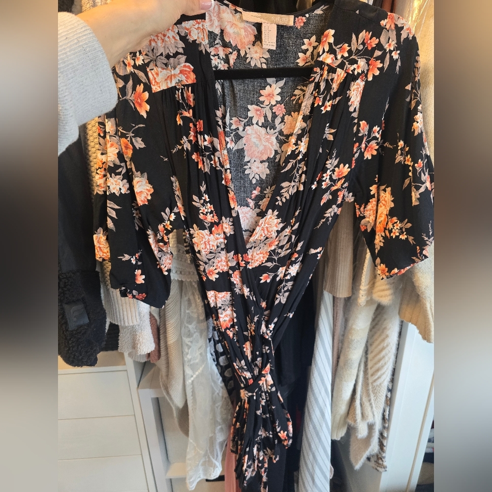 Floral Black and Peach Wrap Dress